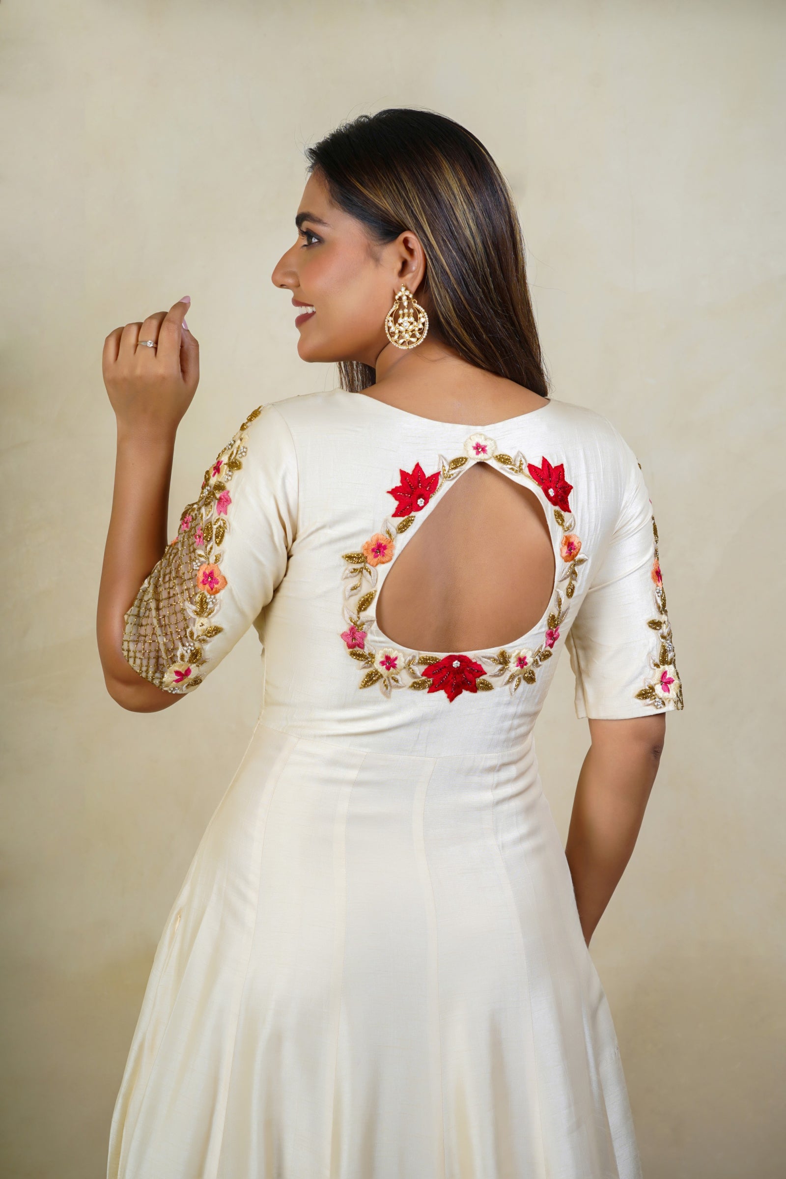 Off white raw silk anarkali gown