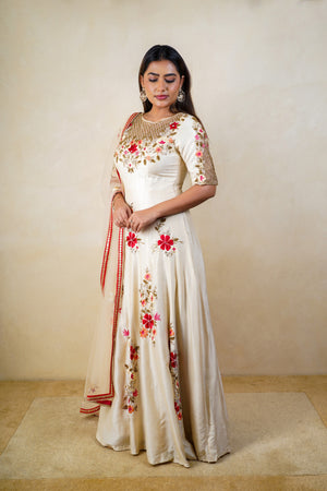 Off white raw silk anarkali gown