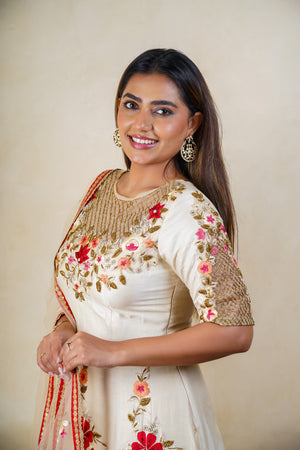 Off white raw silk anarkali gown