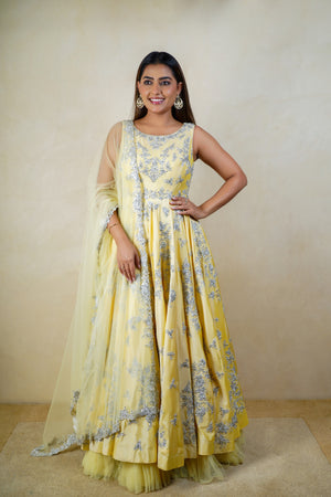 Creamy yellow silk heavy embroidered anarkali suit set