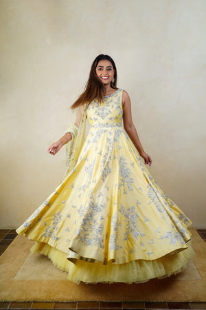 Creamy yellow silk heavy embroidered anarkali suit set