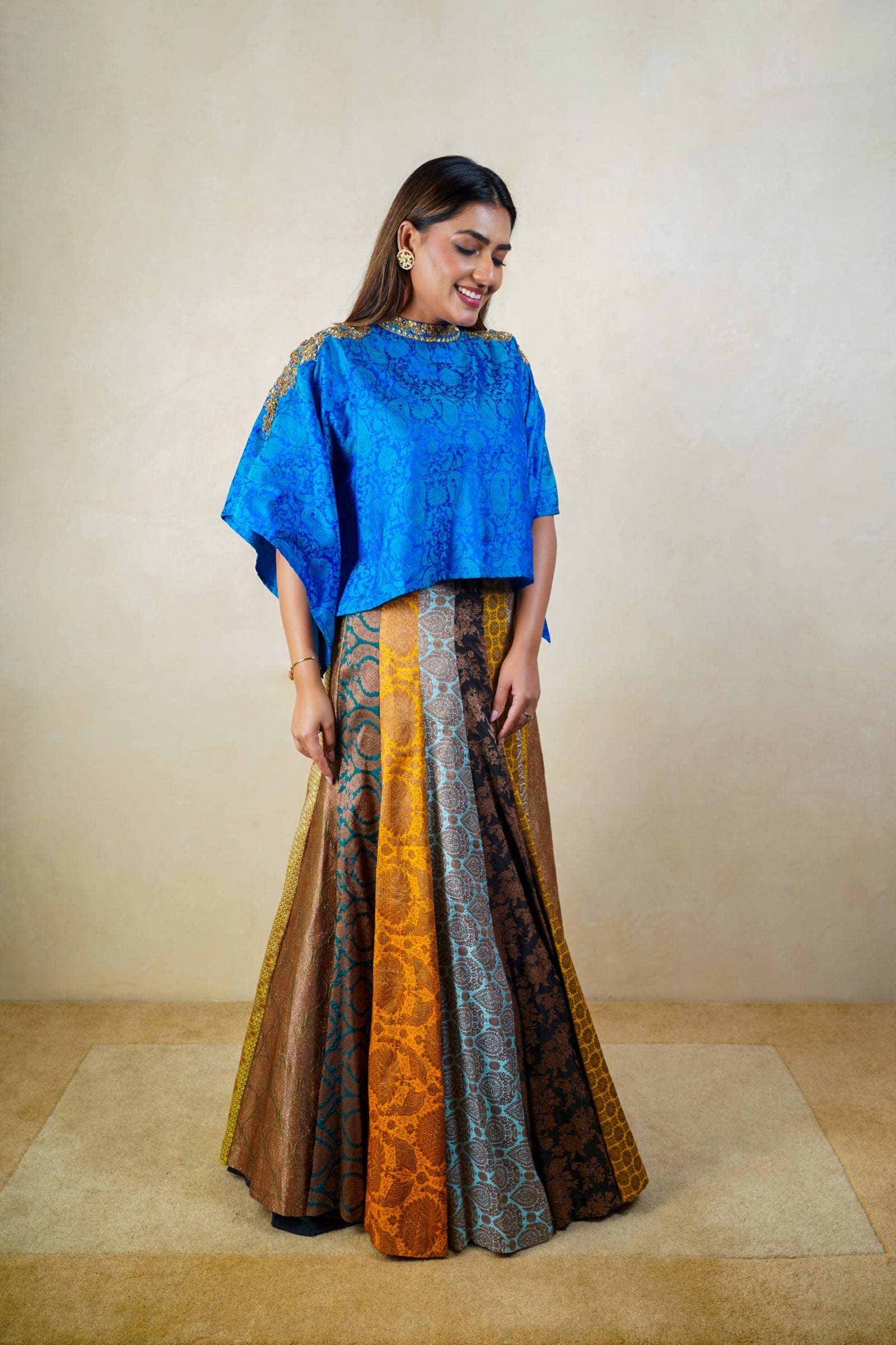 Multicoloured banarasi silk cape style lehenga