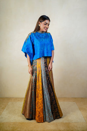 Multicoloured banarasi silk cape style lehenga