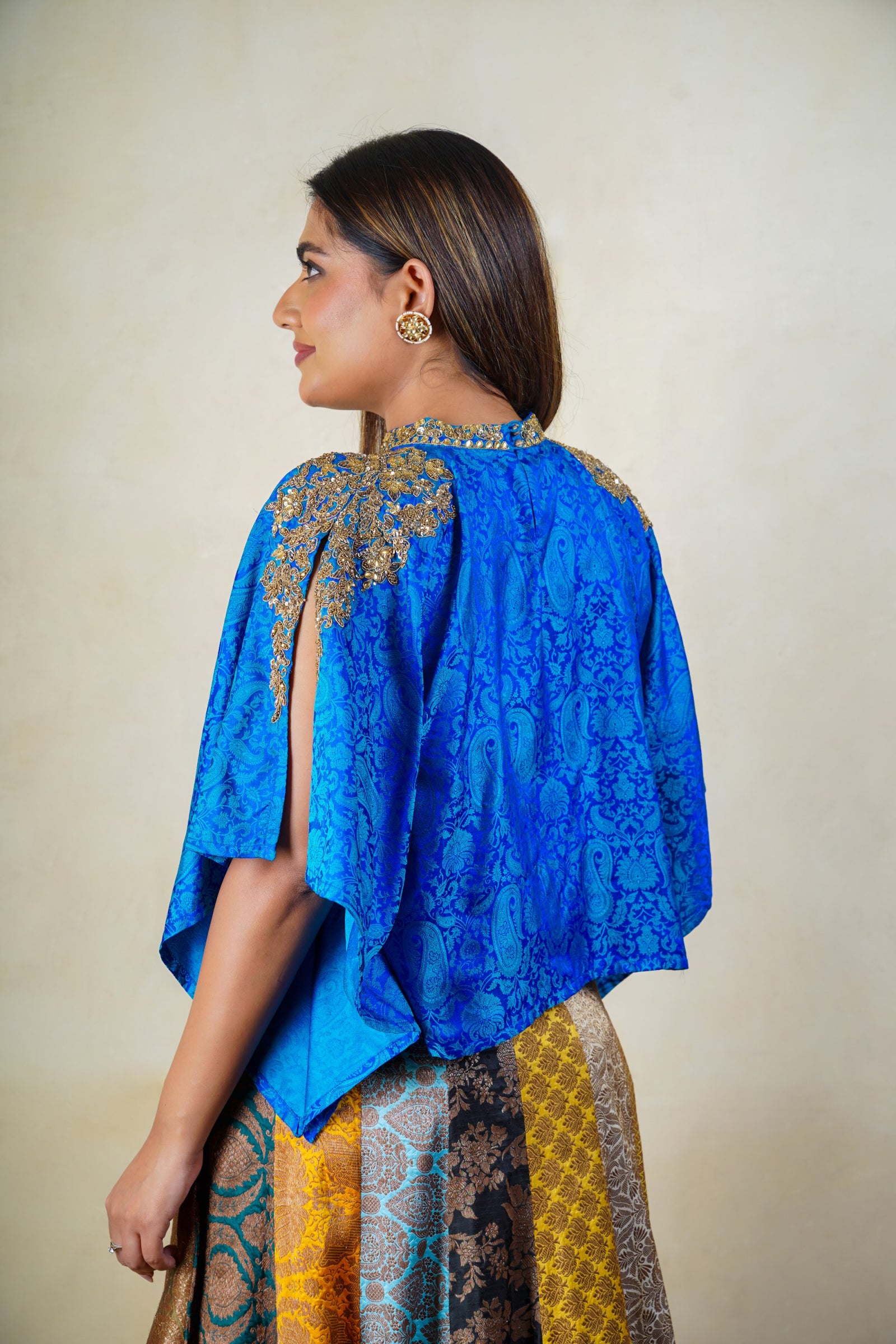 Multicoloured banarasi silk cape style lehenga