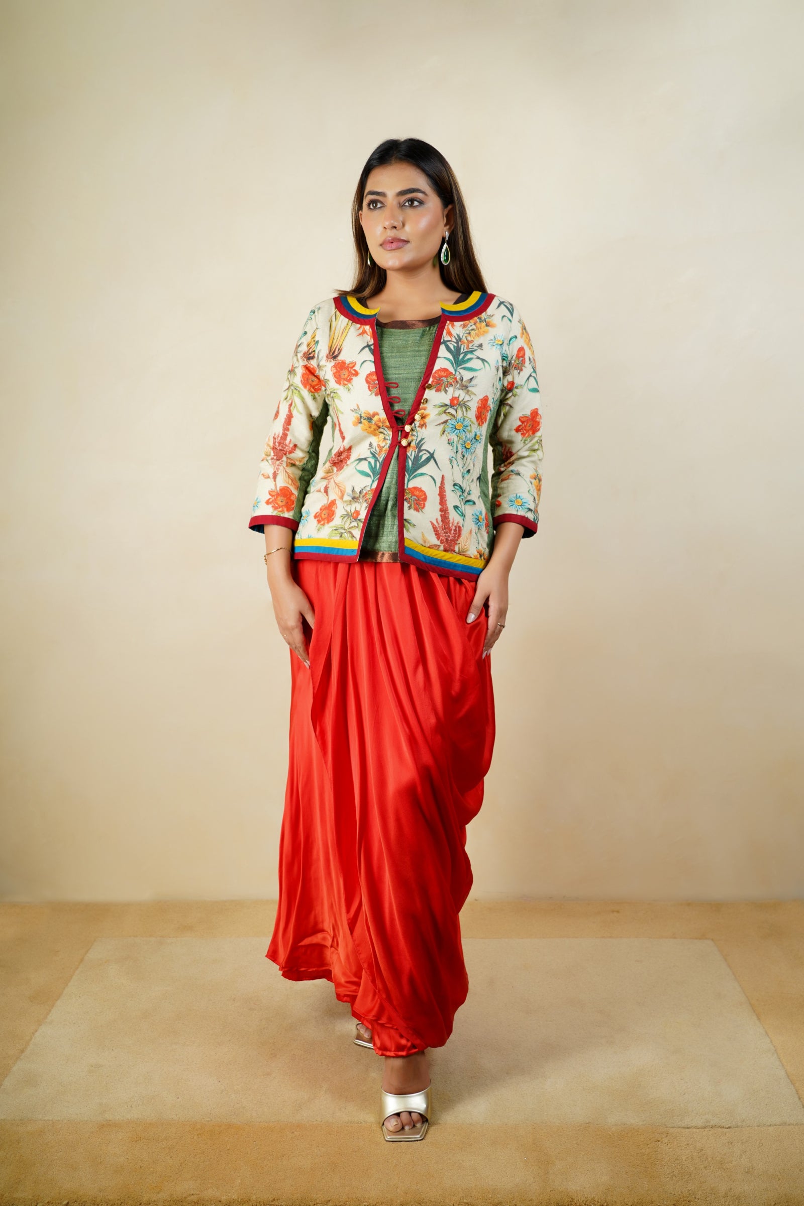 Indo - western floral jacket blouse with drape skirt