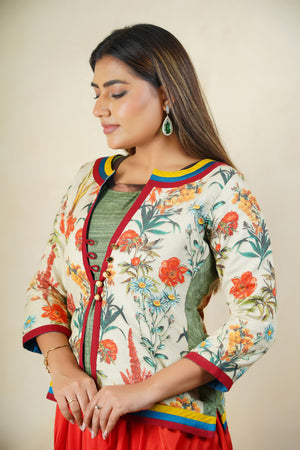 Indo - western floral jacket blouse with drape skirt