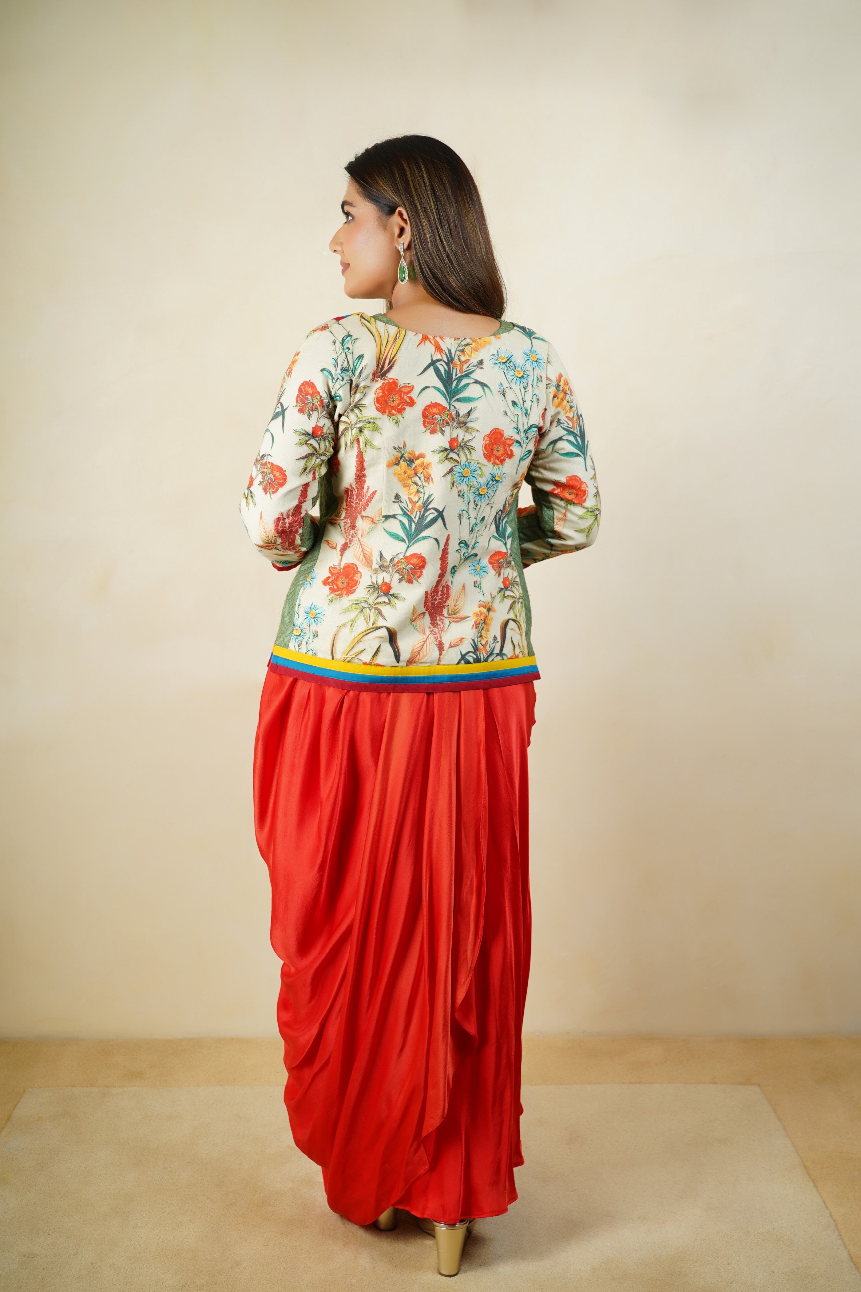 Indo - western floral jacket blouse with drape skirt