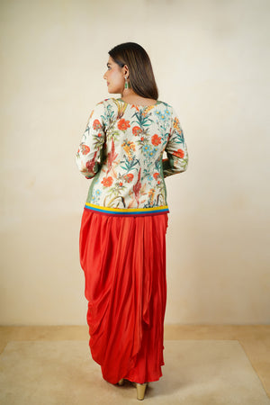 Indo - western floral jacket blouse with drape skirt