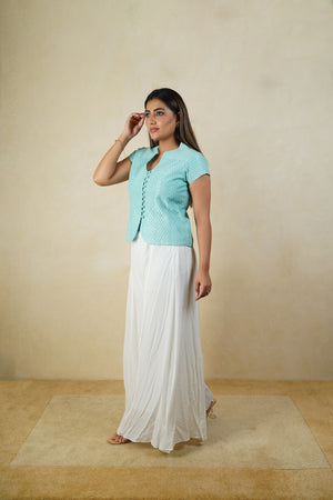 Pastel blue self threadwork long blouse and palazzo pant