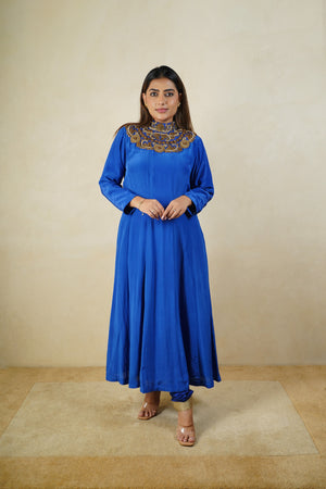 Royal blue high neck satin crepe suit set