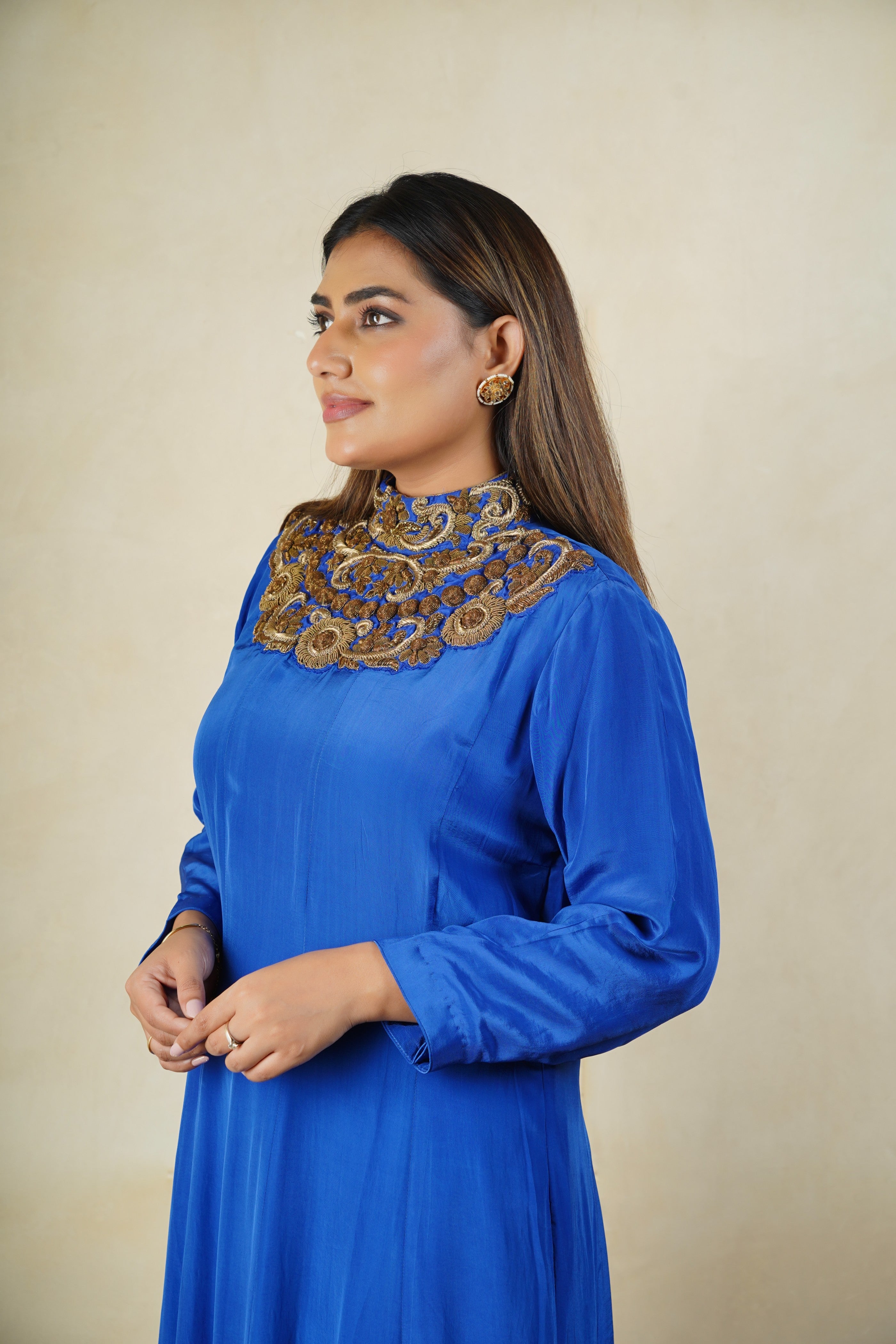 Royal blue high neck satin crepe suit set