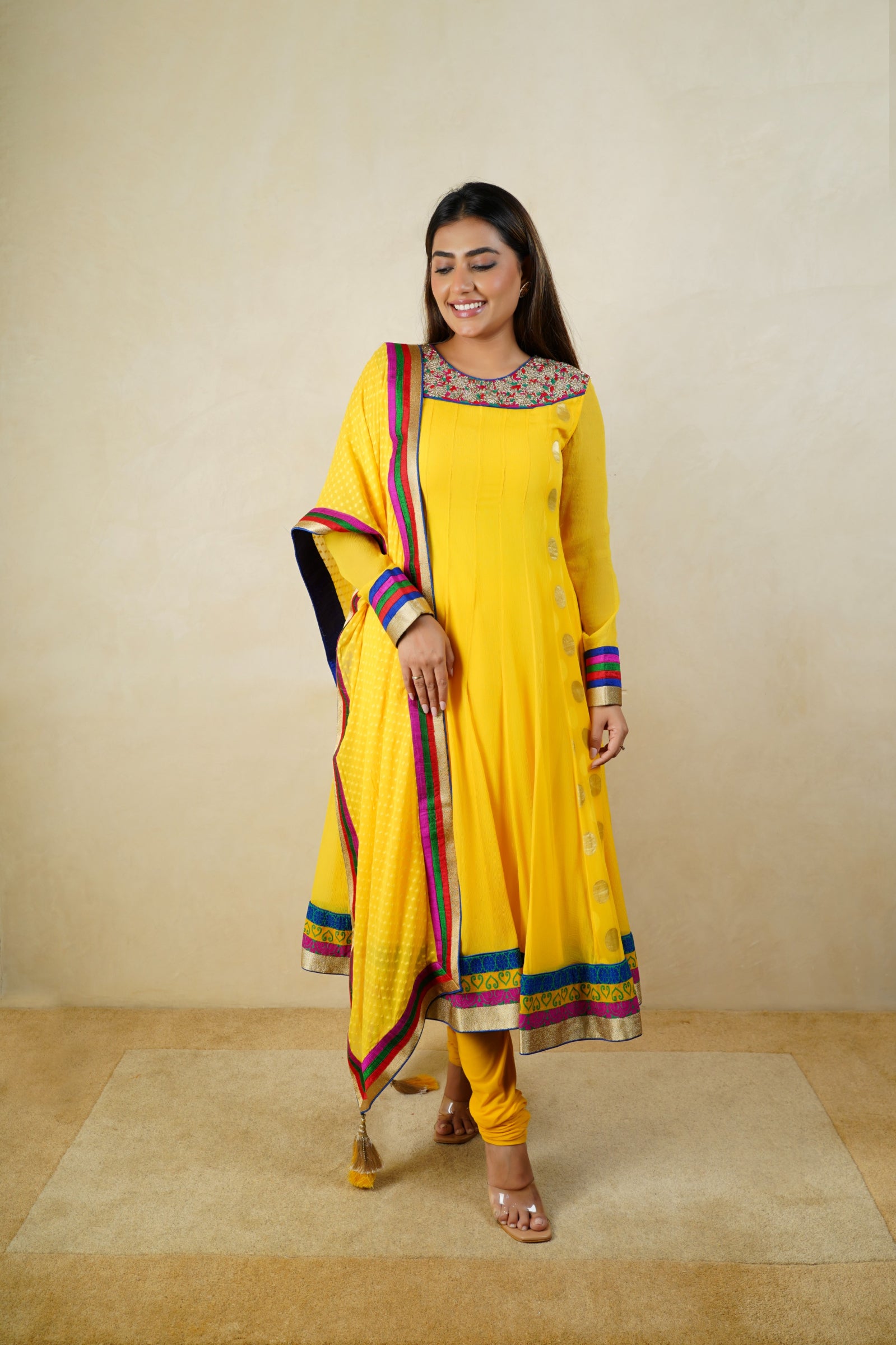 Sunshine yellow chiffon anarkali suit set