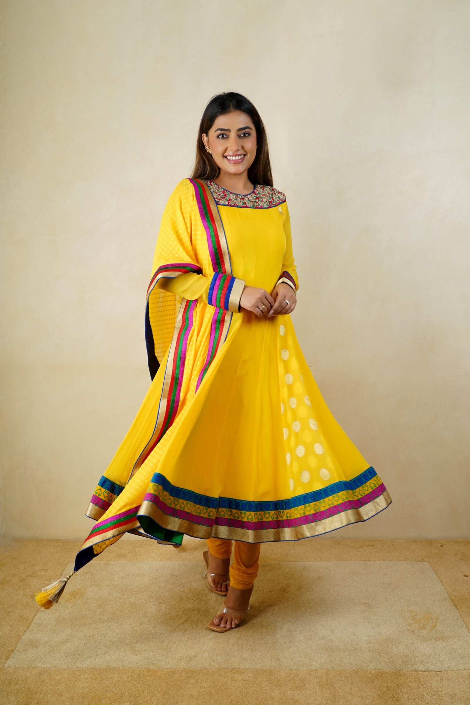 Sunshine yellow chiffon anarkali suit set
