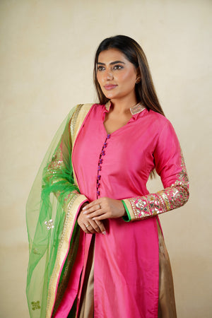 Pink and gold long jacket kurta style lehenga set