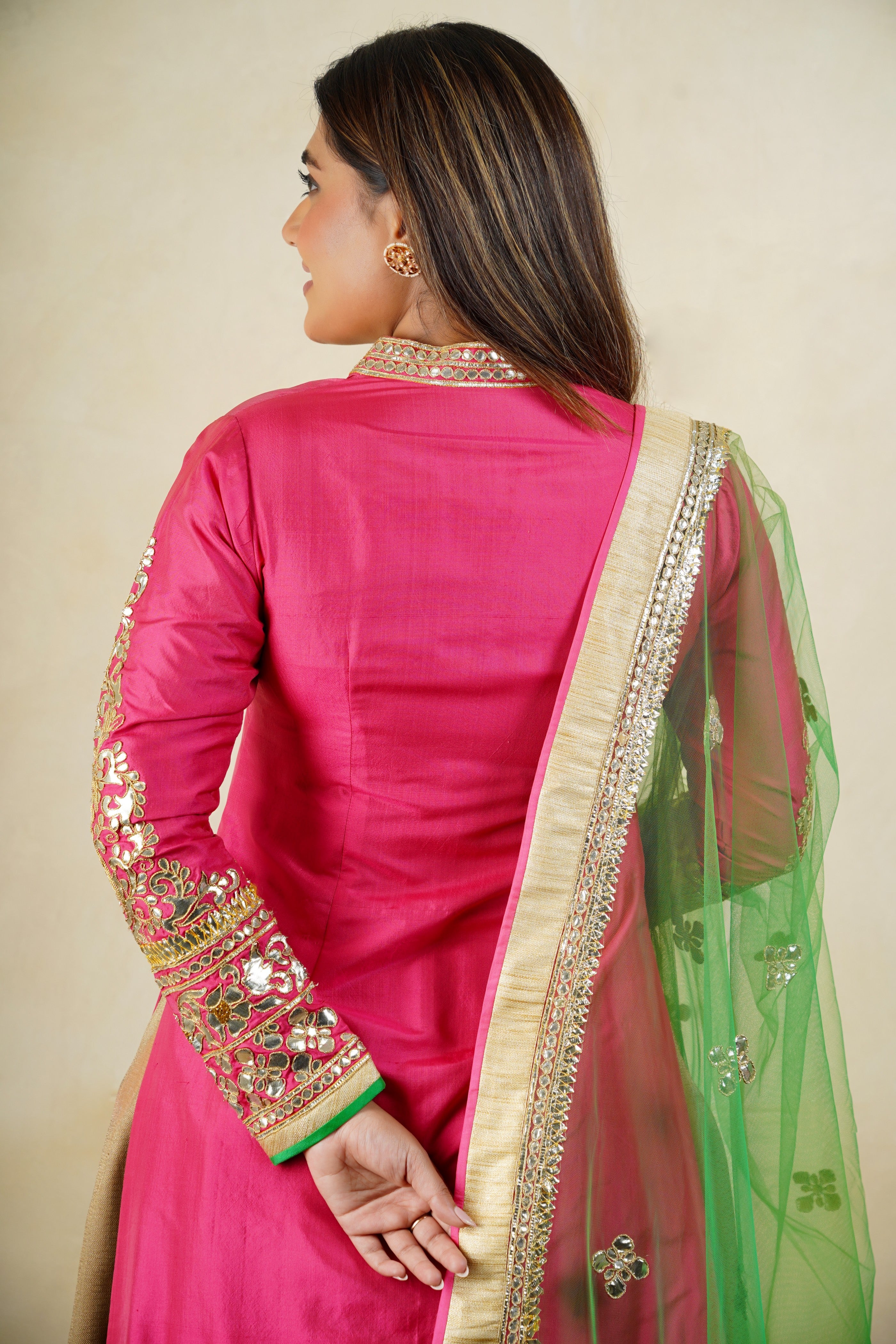 Pink and gold long jacket kurta style lehenga set