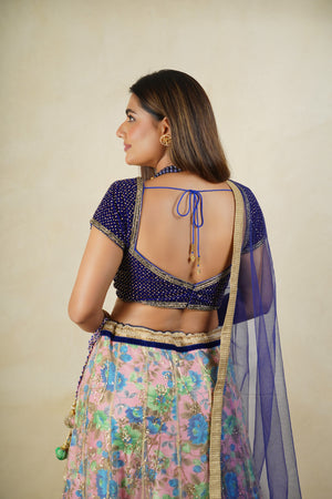 Deep blue and pink floral lehenga set