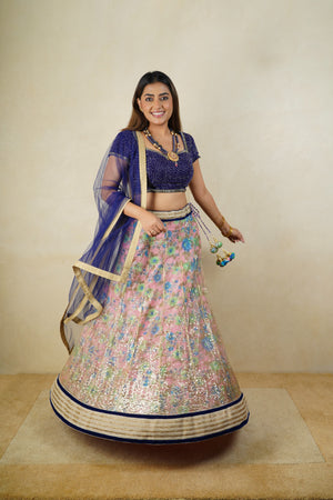 Deep blue and pink floral lehenga set