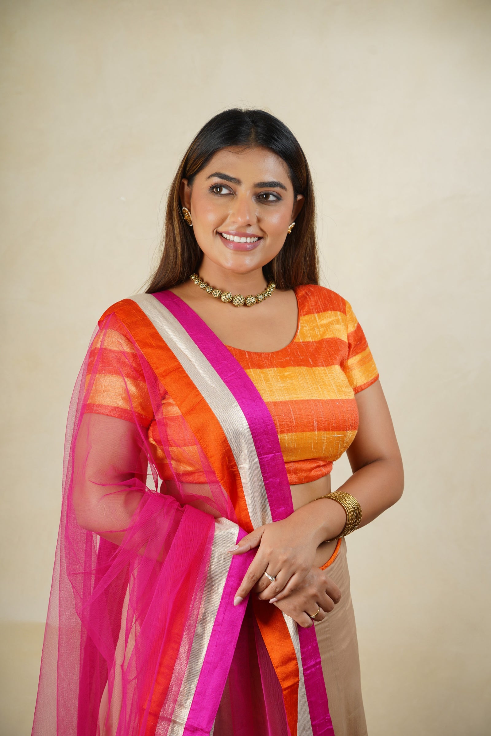 Yellow and orange raw silk lehenga set