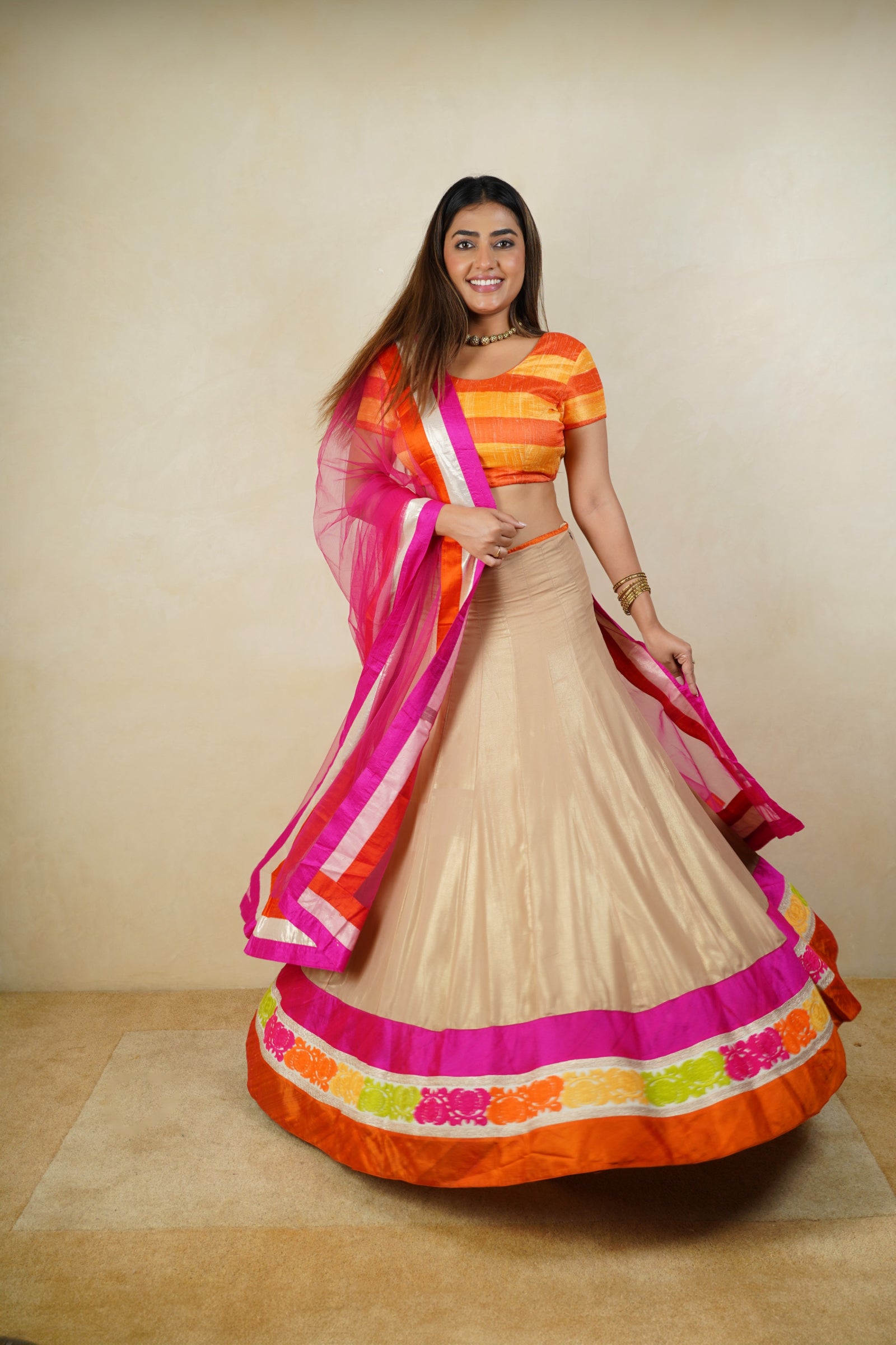 Yellow and orange raw silk lehenga set