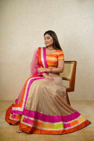 Yellow and orange raw silk lehenga set