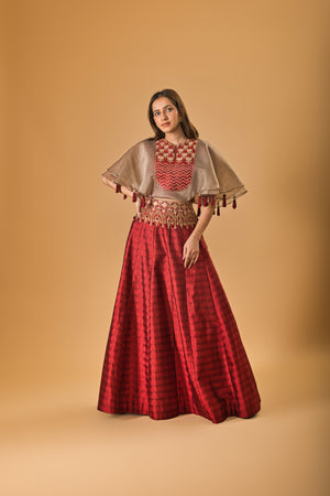 Cape style Indowestern Maroon silk lehenga