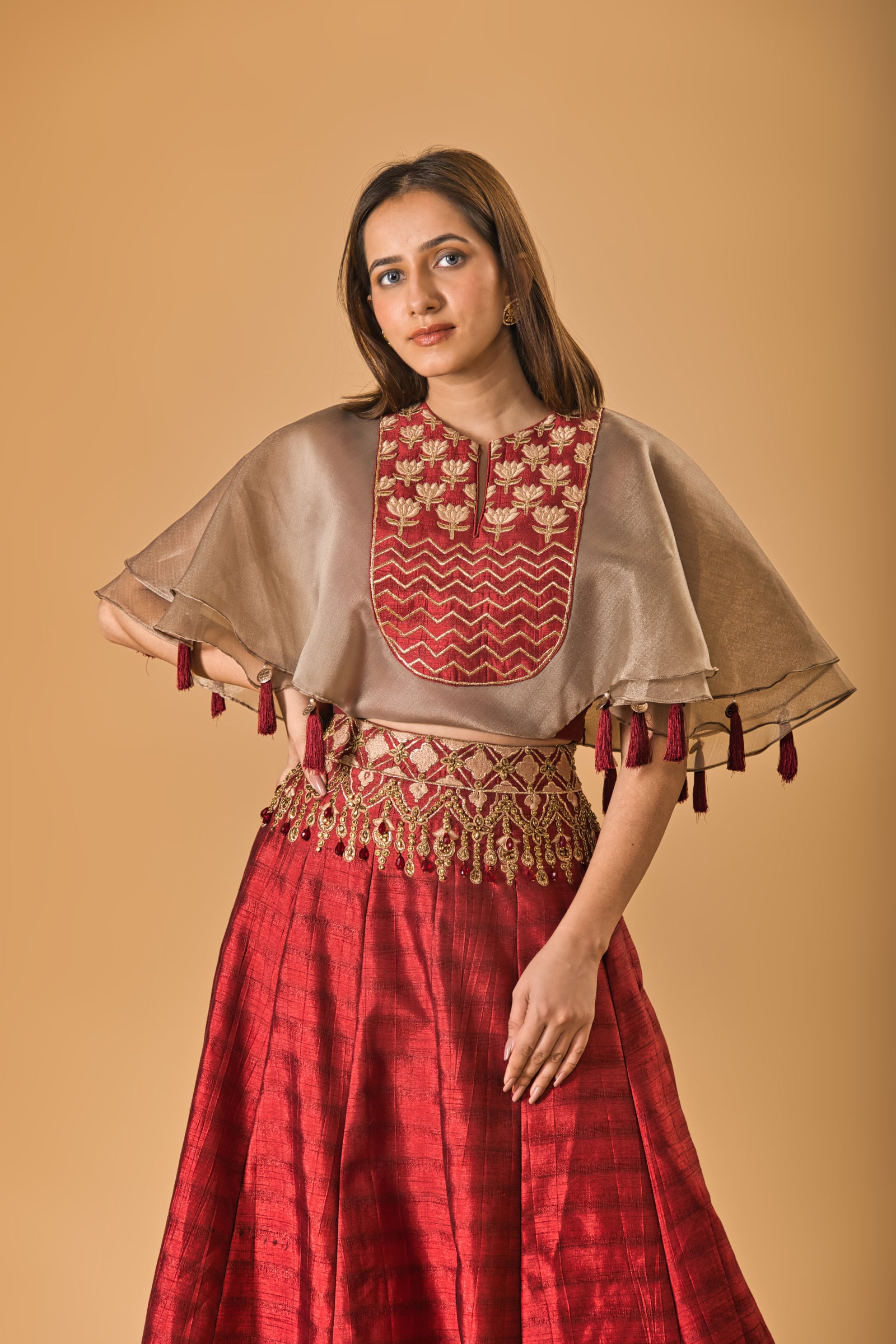 Cape style Indowestern Maroon silk lehenga