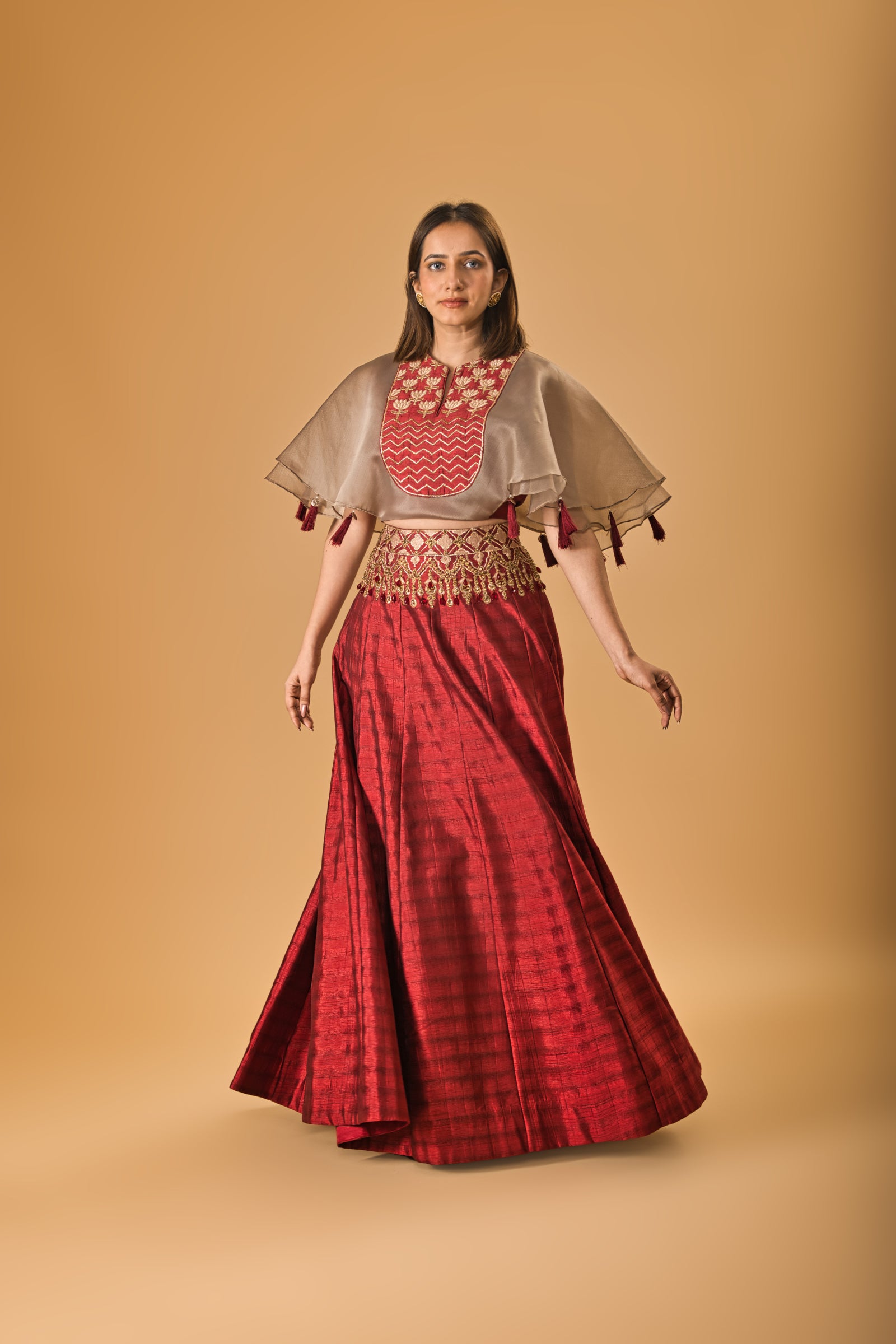 Cape style Indowestern Maroon silk lehenga