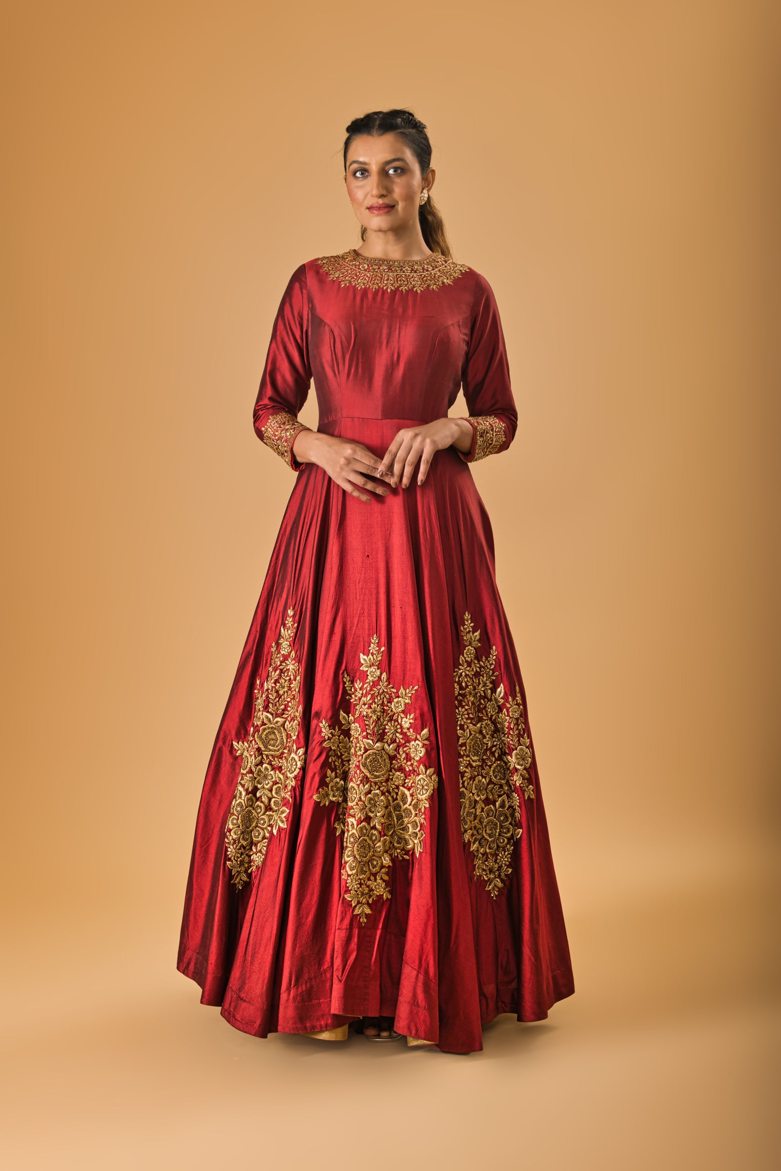 Burgundy Maroon and Gold silk gown