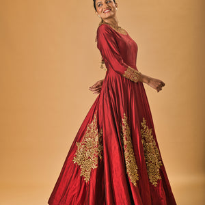 Burgundy Maroon and Gold silk gown