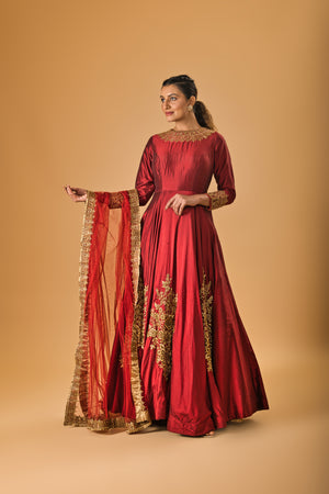 Burgundy Maroon and Gold silk gown