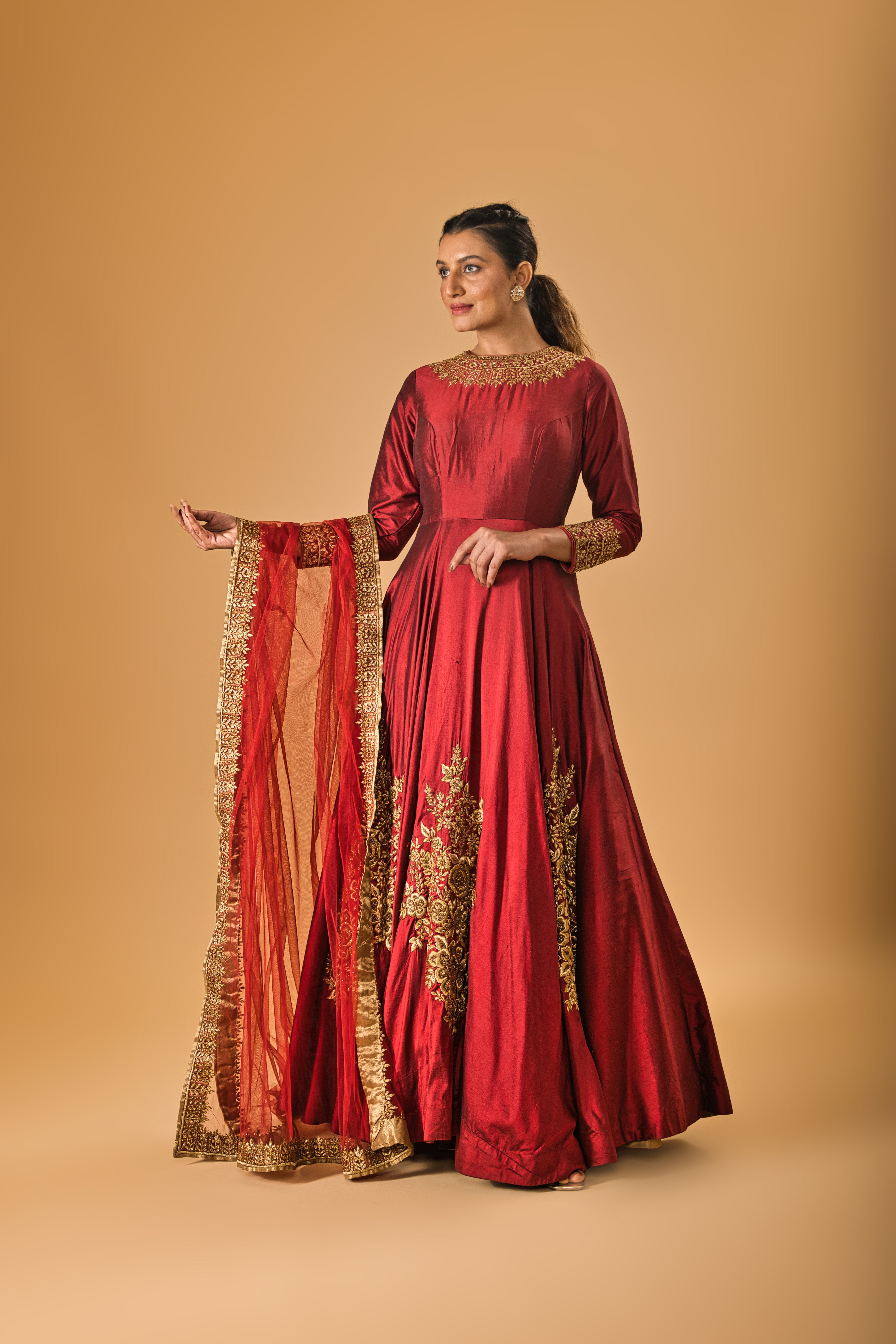 Burgundy Maroon and Gold silk gown