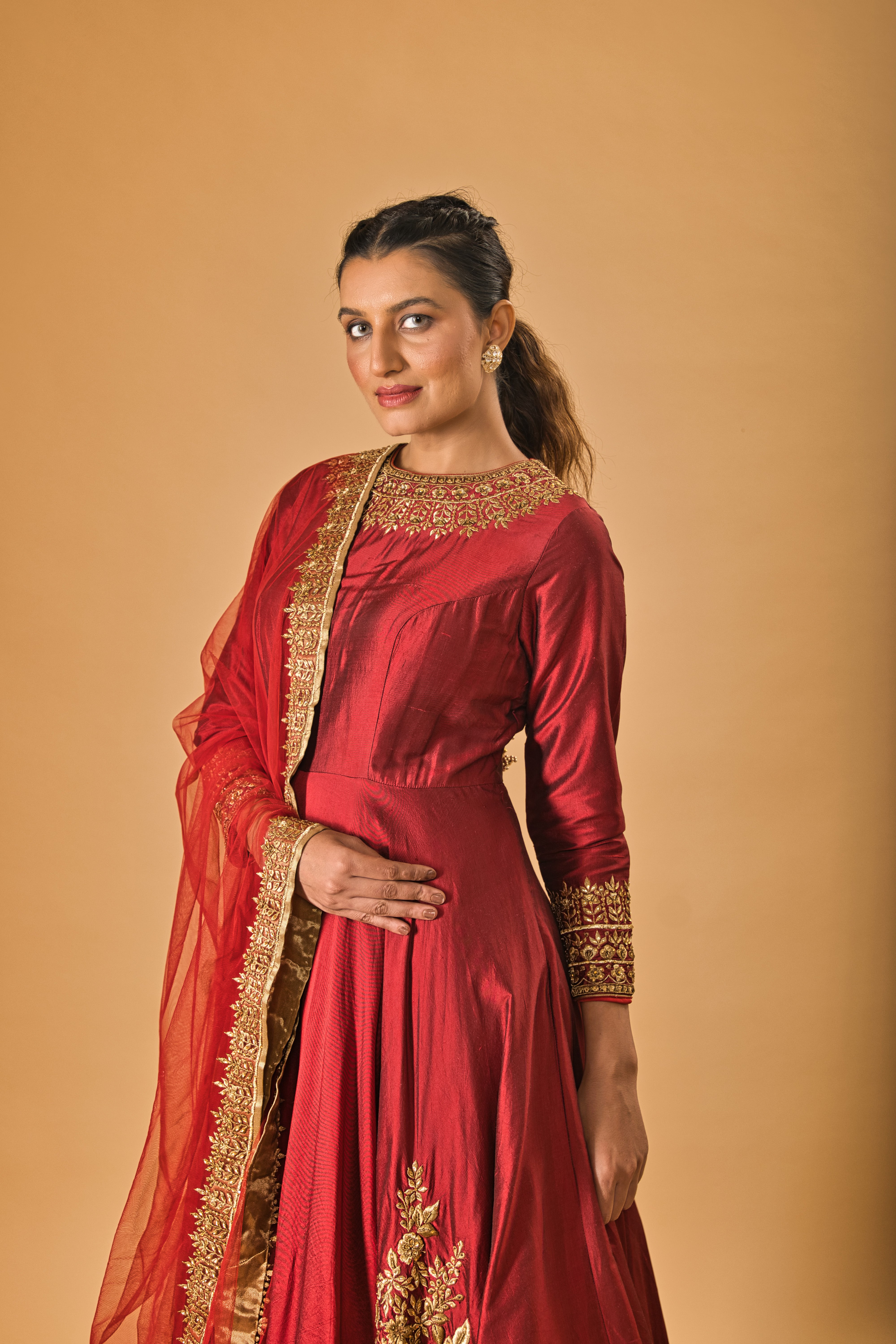 Burgundy Maroon and Gold silk gown