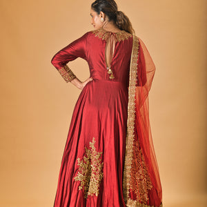 Burgundy Maroon and Gold silk gown