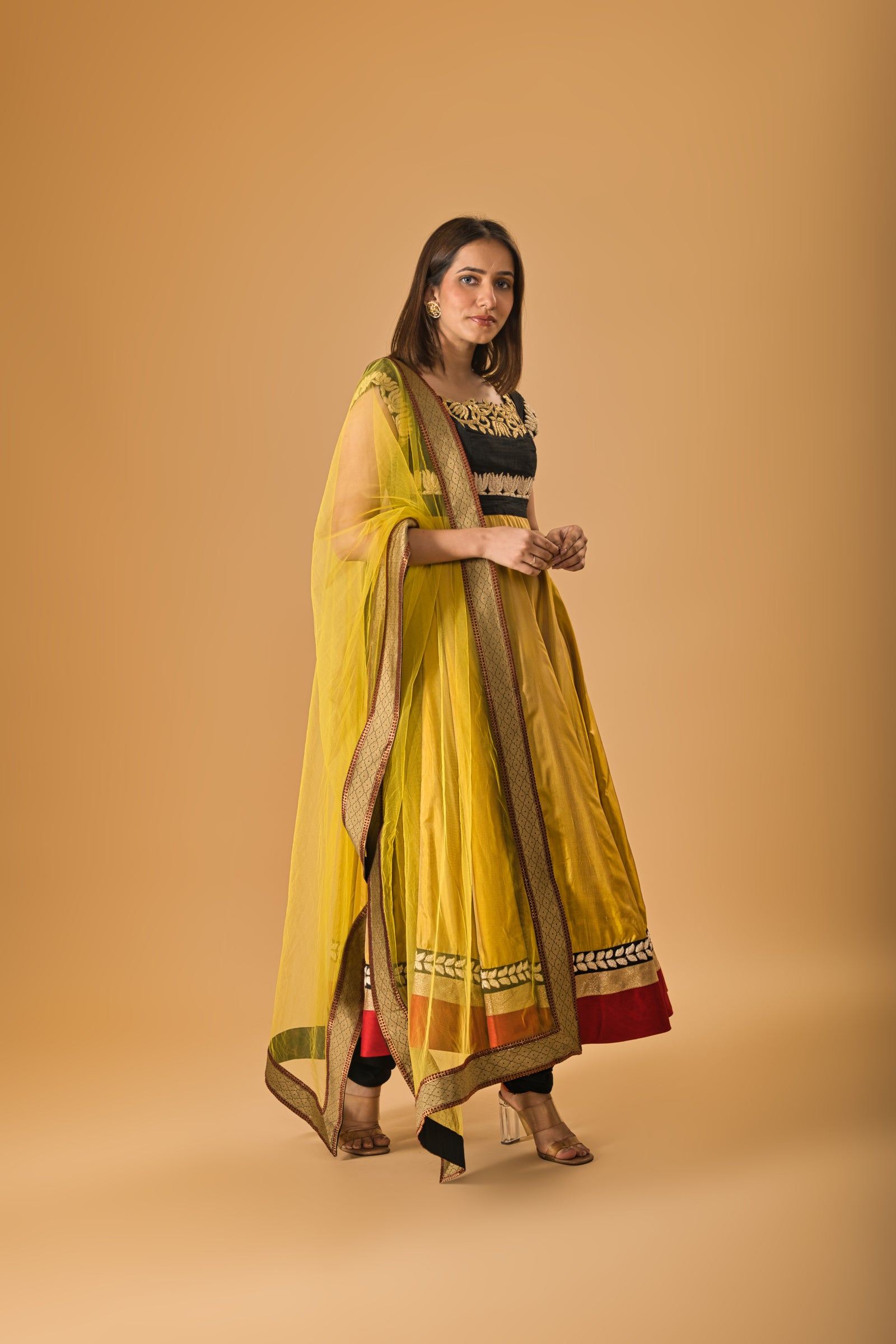 Mustard and Black calf length silk Anarkali