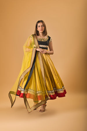 Mustard and Black calf length silk Anarkali