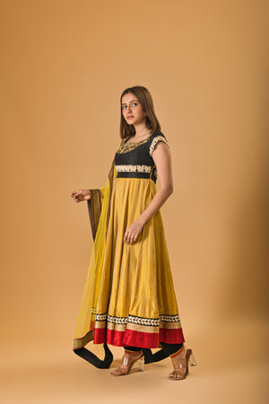 Mustard and Black calf length silk Anarkali