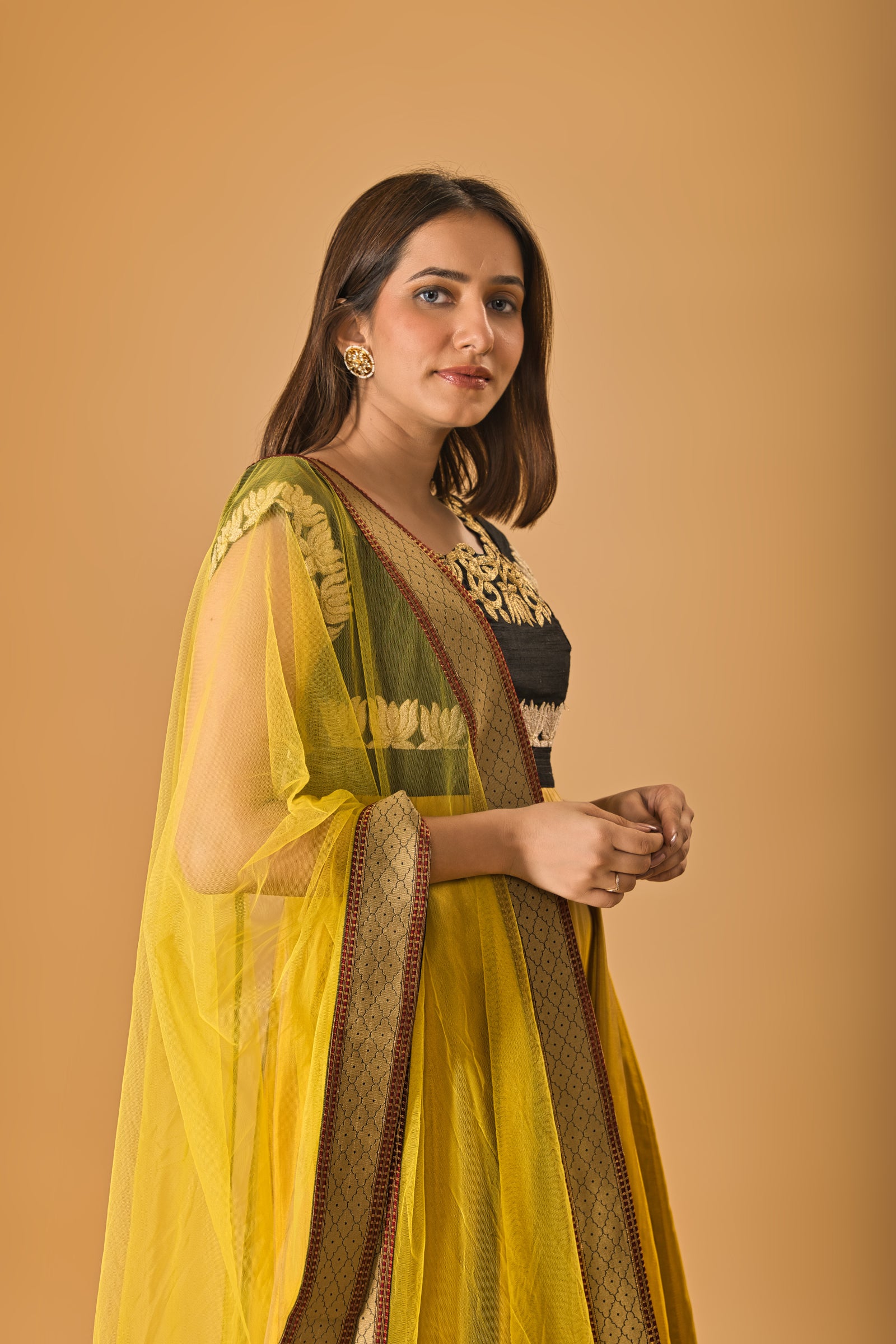 Mustard and Black calf length silk Anarkali