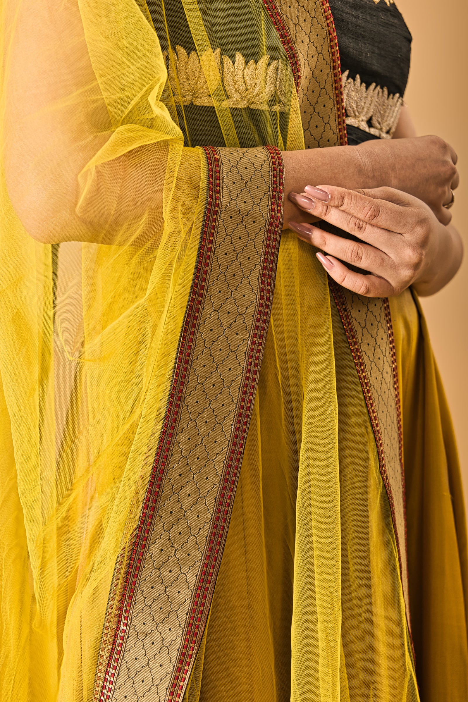 Mustard and Black calf length silk Anarkali