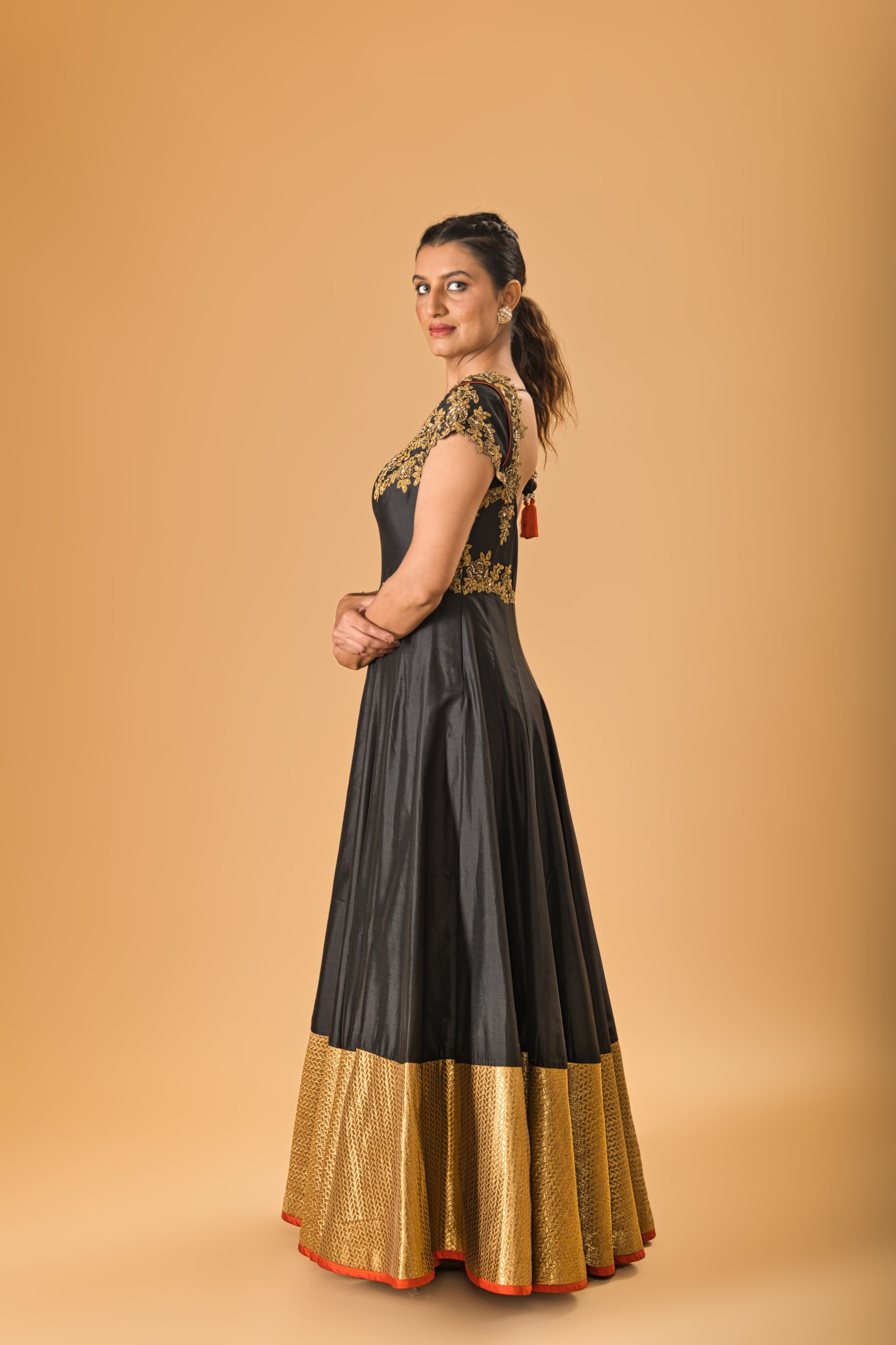 Black and gold silk gown