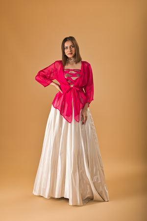 Indowestern White silk skirt and Fuscia Organza overlay set
