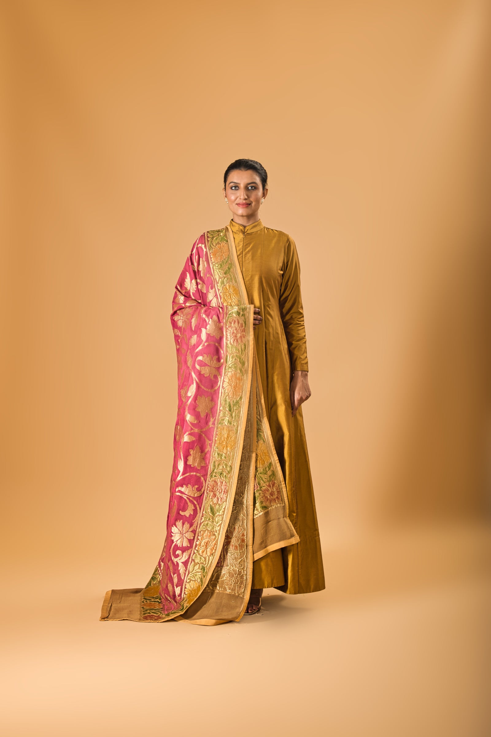 Indowestern Copper gold silk Semi Anarkali with Rich Onion pink Banarasi georgette Dupatta