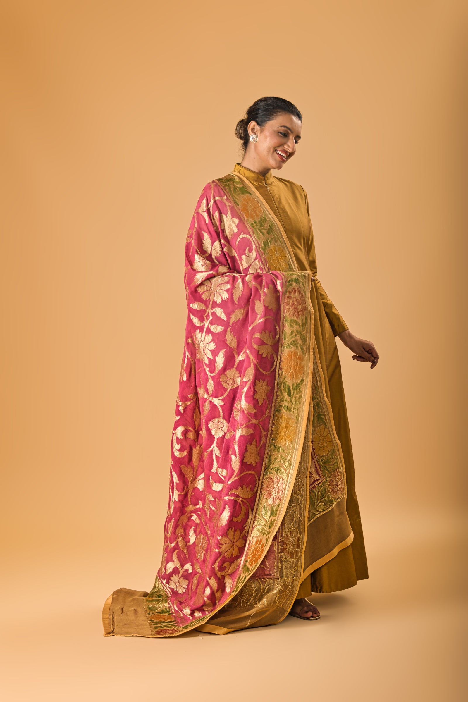 Indowestern Copper gold silk Semi Anarkali with Rich Onion pink Banarasi georgette Dupatta