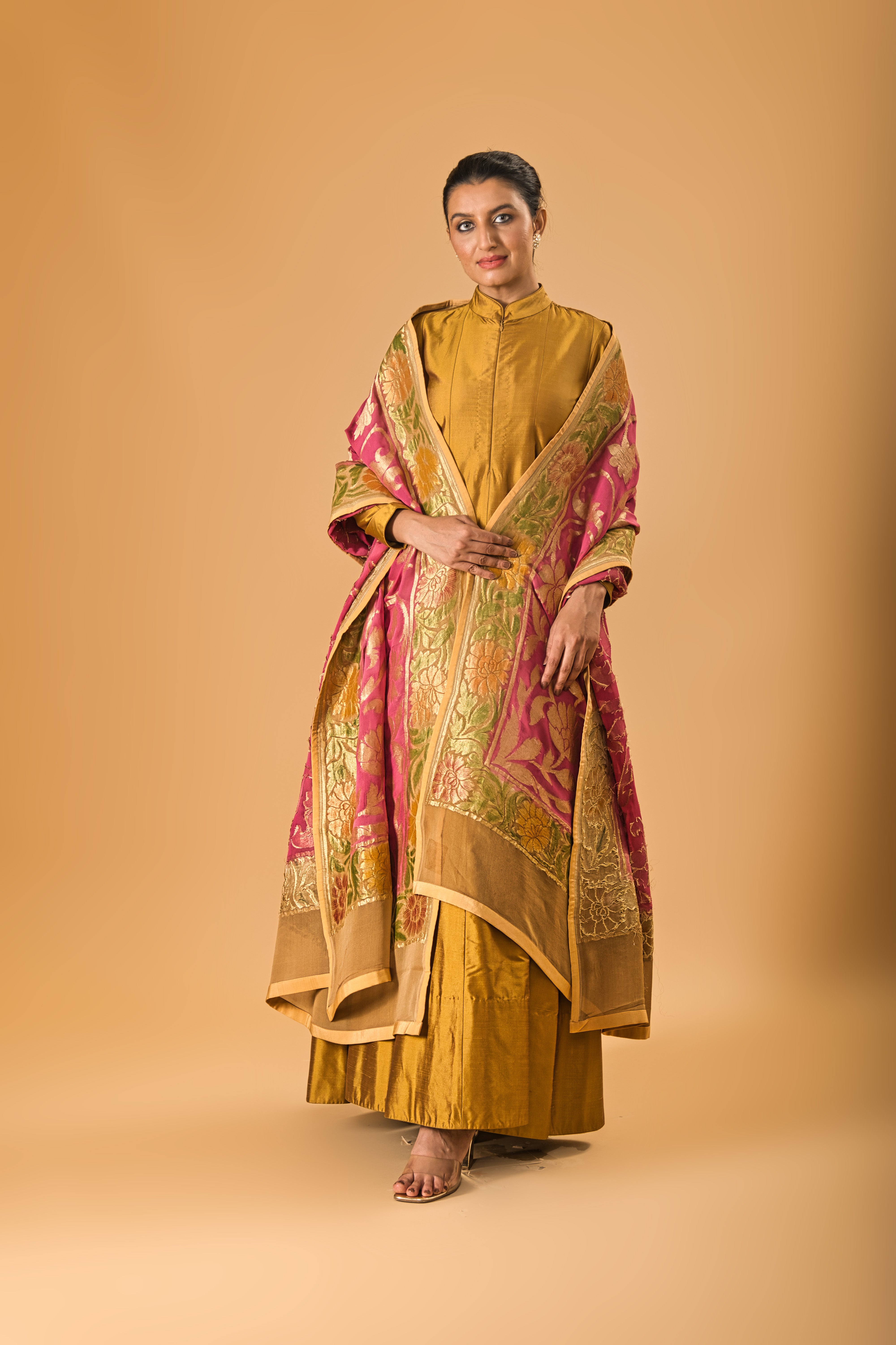 Indowestern Copper gold silk Semi Anarkali with Rich Onion pink Banarasi georgette Dupatta