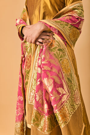 Indowestern Copper gold silk Semi Anarkali with Rich Onion pink Banarasi georgette Dupatta