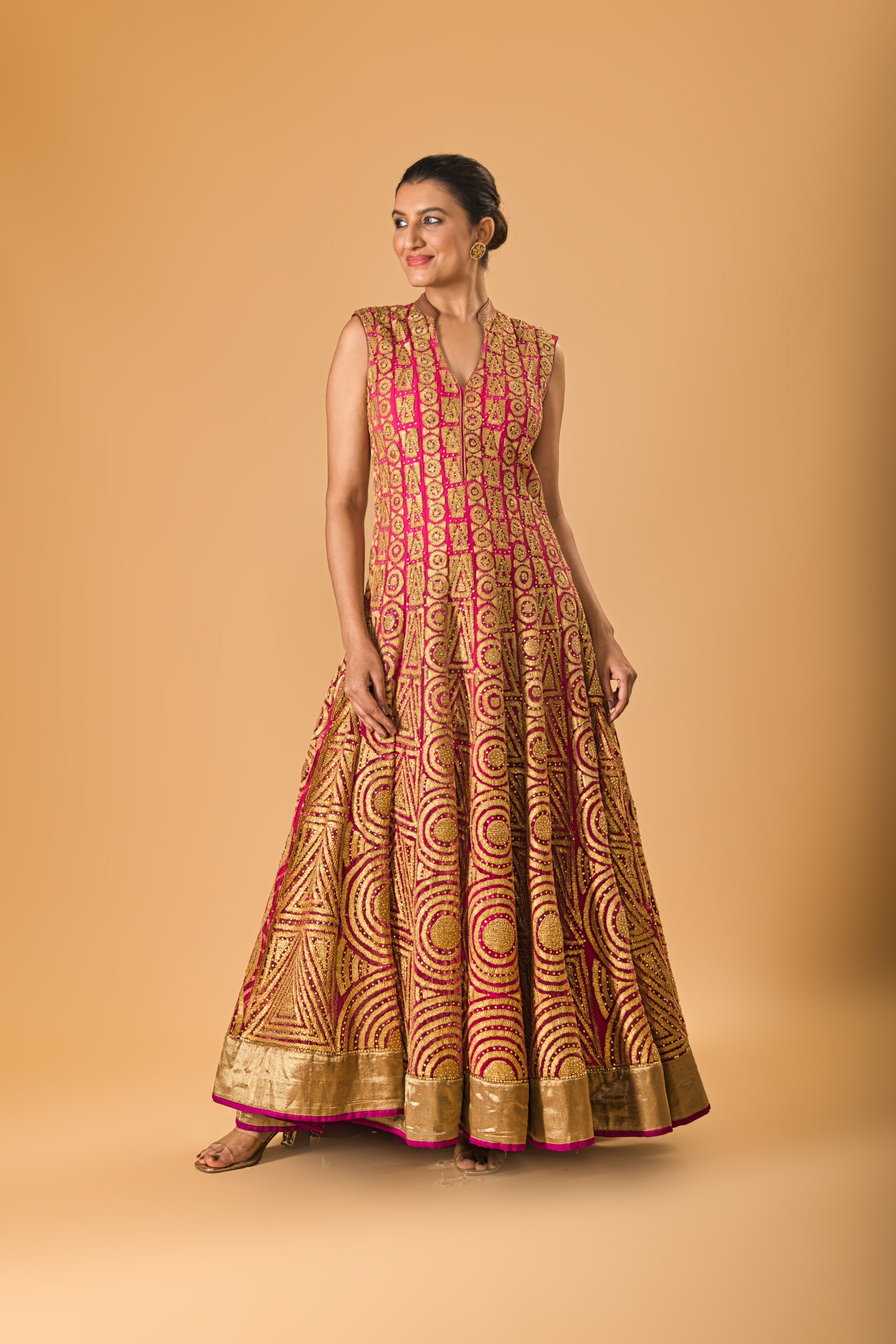 Fuscia pink rich applique work gown