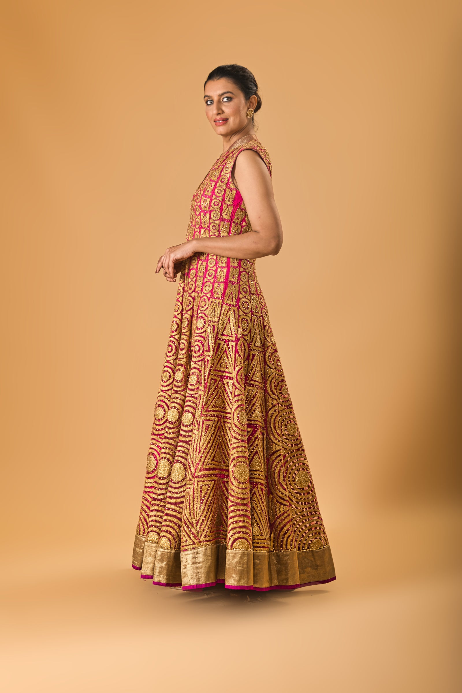 Fuscia pink rich applique work gown