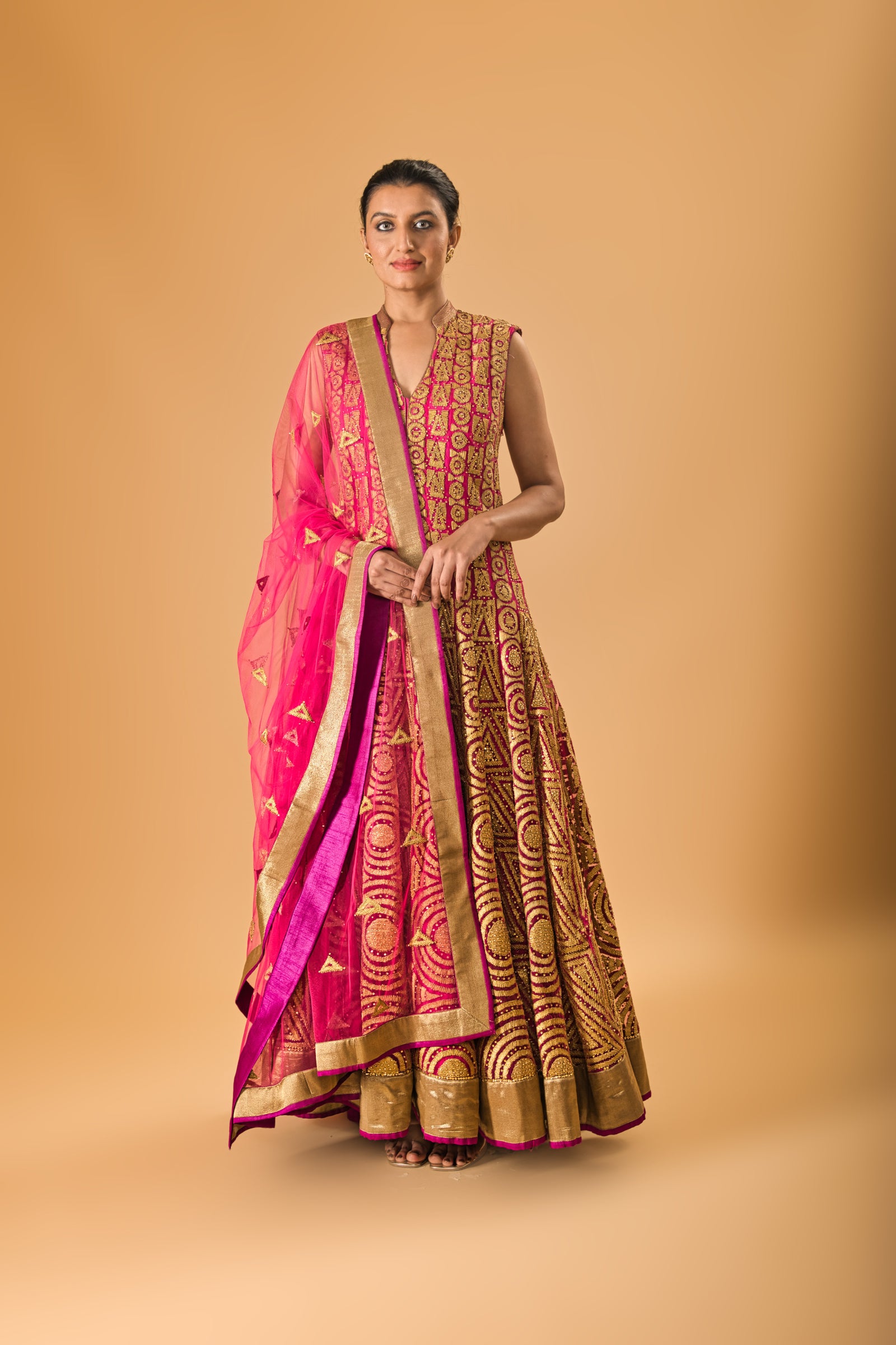 Fuscia pink rich applique work gown
