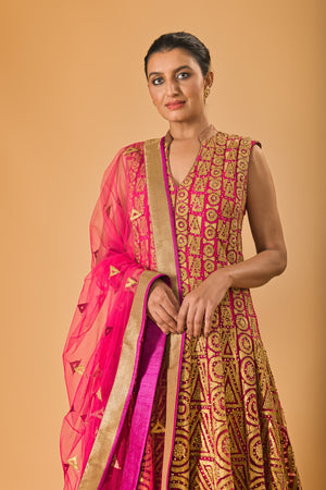 Fuscia pink rich applique work gown