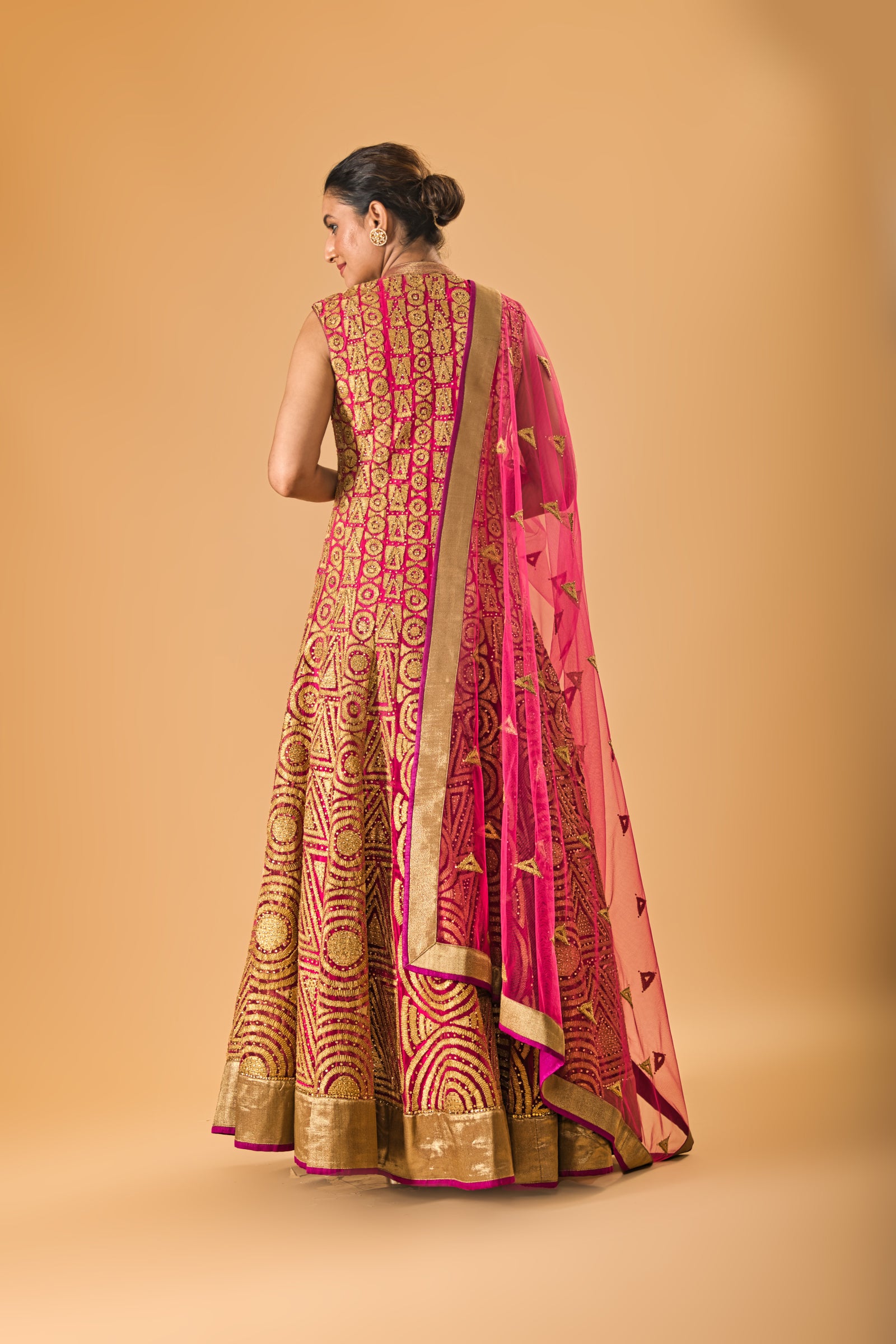Fuscia pink rich applique work gown