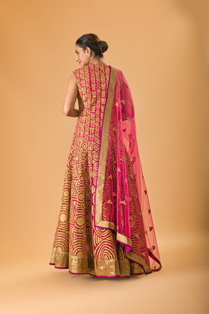 Fuscia pink rich applique work gown